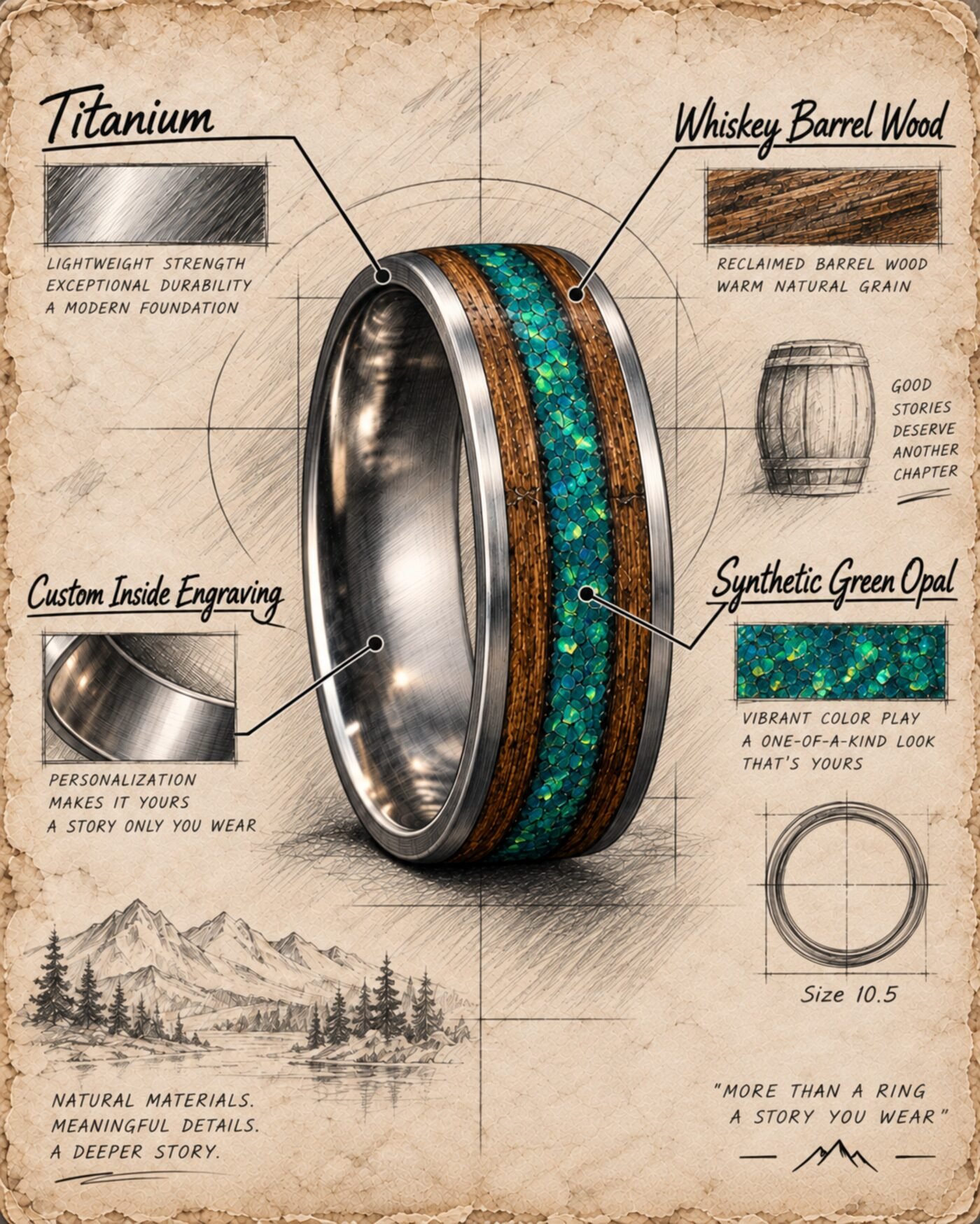 Drafting plate of the ring, with the titanium, whiskey barrel wood, green opal and inside engraving labelled.
