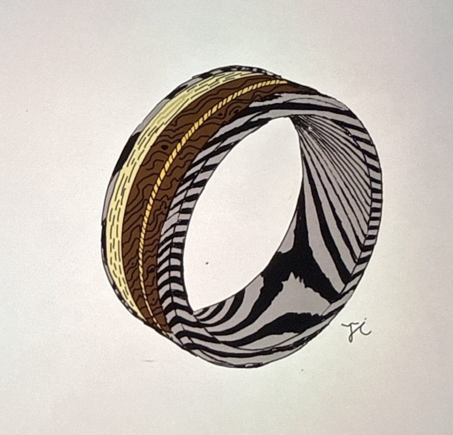 The drawing of the ring, the damascus, antler, wood and guitar string rendered in section.