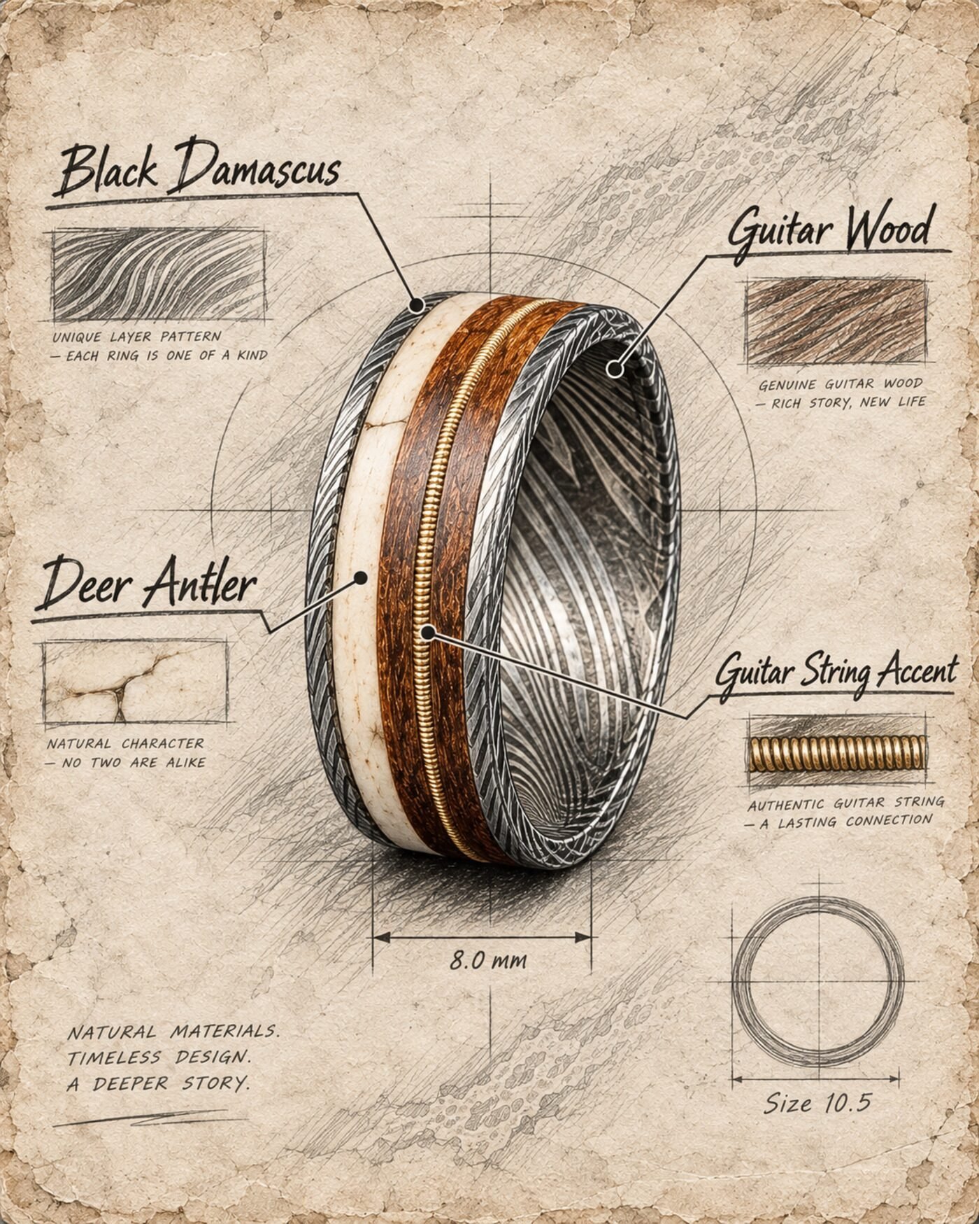 Drafting plate of the ring, with the black damascus, guitar wood, deer antler and guitar string accent labelled.