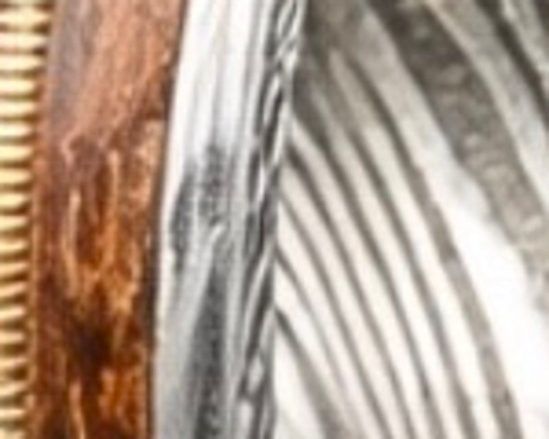 Close detail of the coiled guitar string set into the wood, its winding visible.