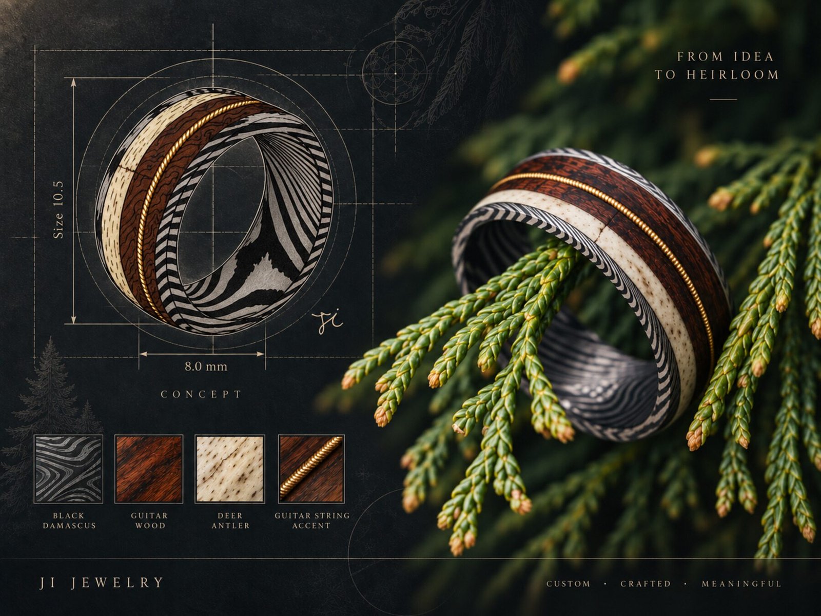The ring shown with its concept drawing, material samples and dimensions.