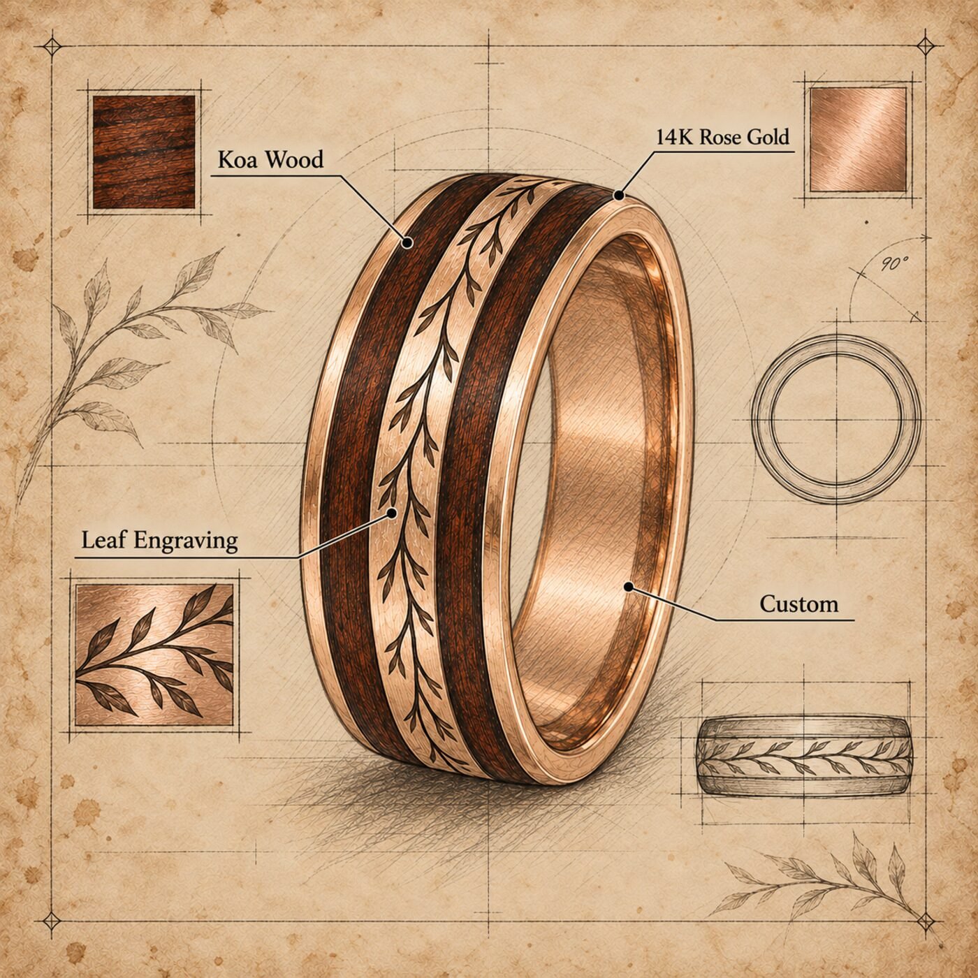 Drafting plate of the band, with the Koa wood, the 14k gold and the leaf engraving labelled.