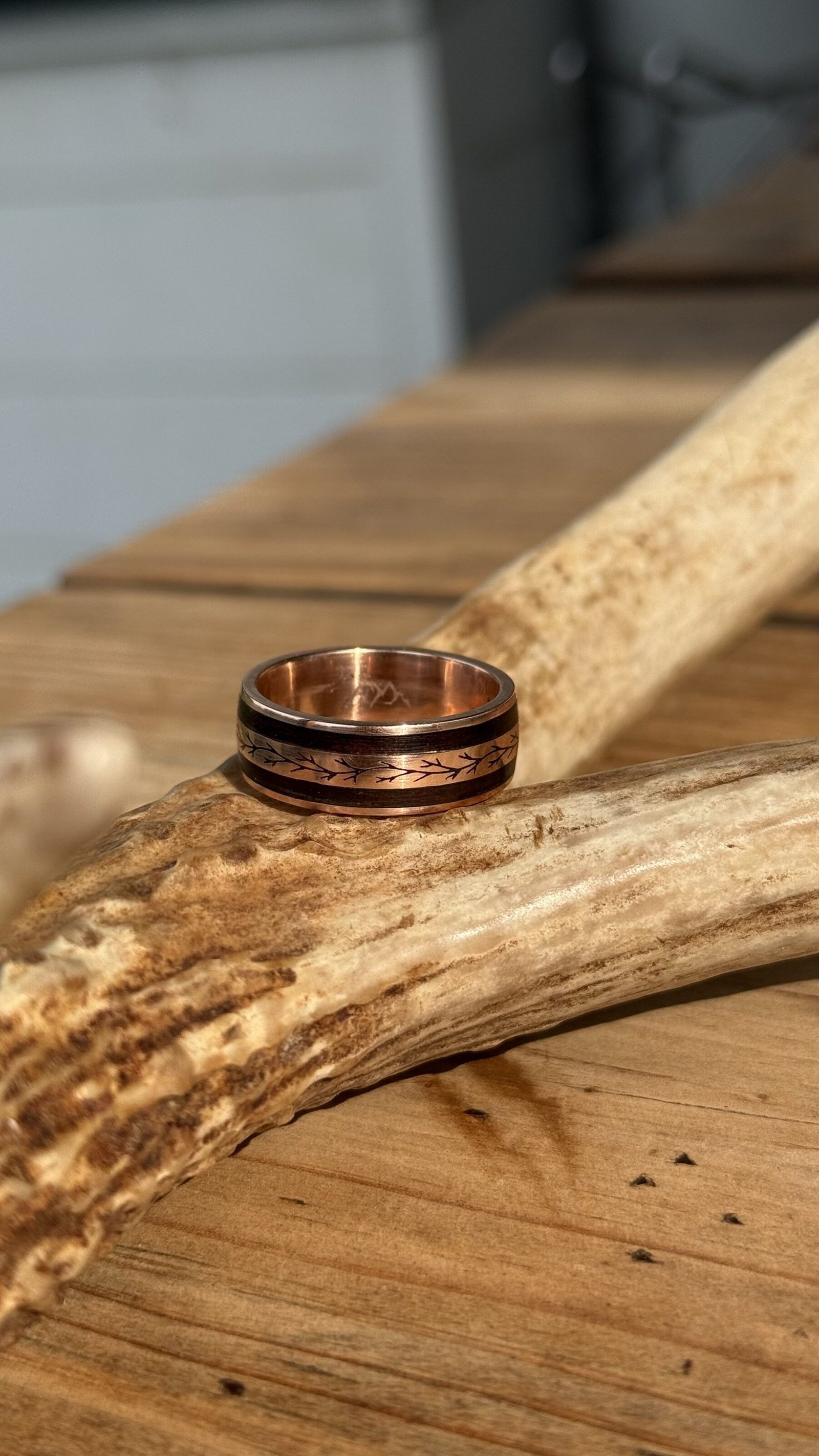 The gold band standing against shed antler in daylight.