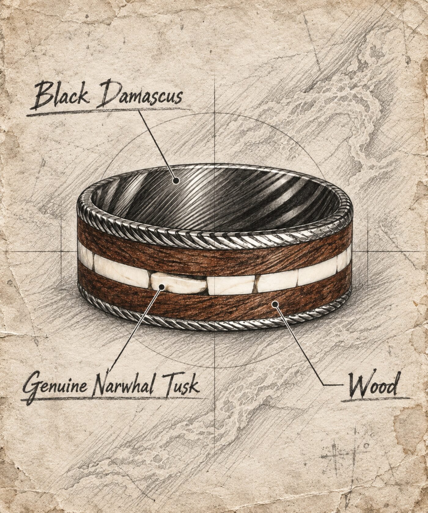 Drafting plate of the ring, showing the black damascus band, the wood inlay and the narwhal tusk set into it.